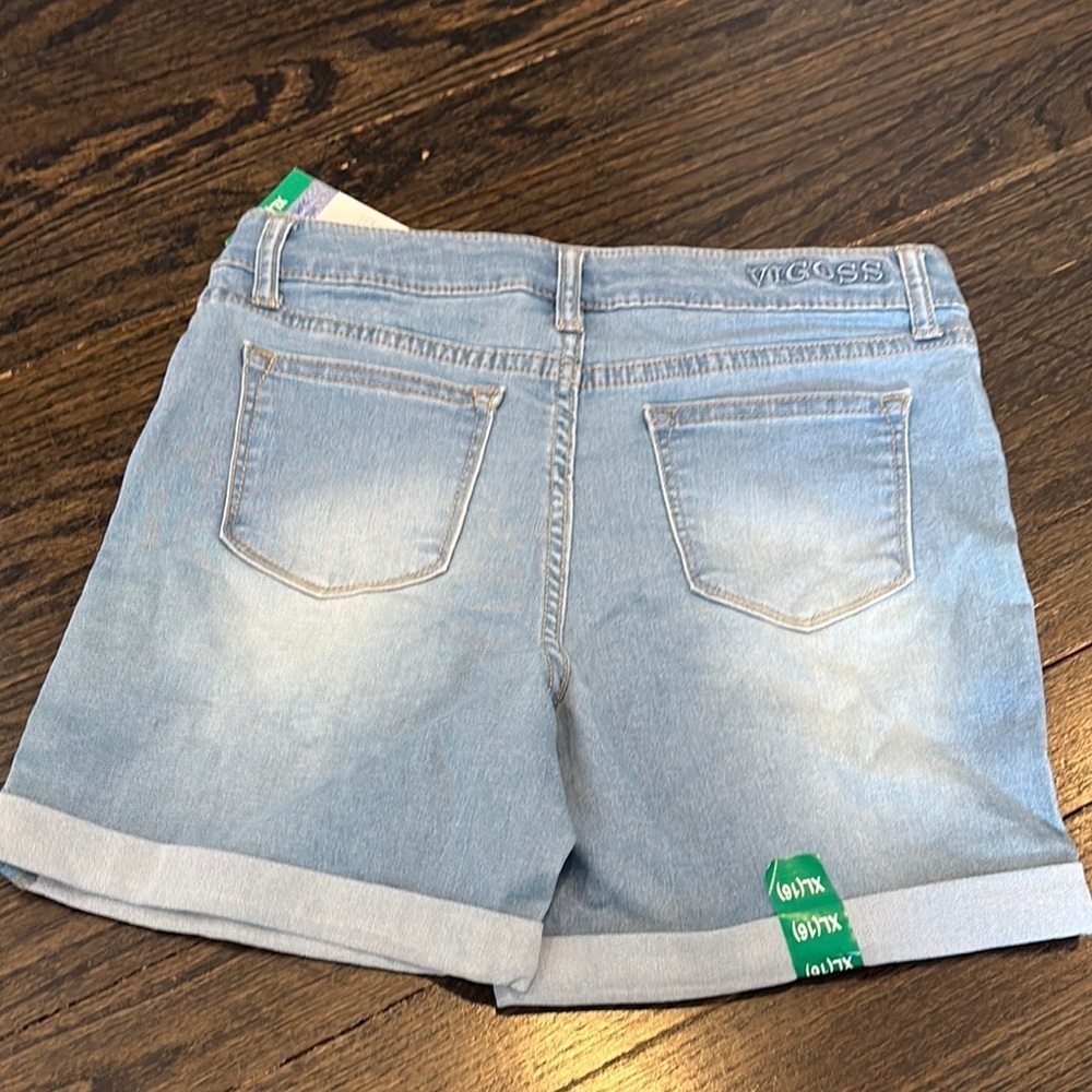 NWT Juniors Light Blue Jean Shorts with Colorful Hem Trim (size16) - Picture 5 of 5
